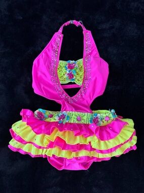 EUC Glamour Dance Costume  Neon Pink Yellow Ruffled Girls MC